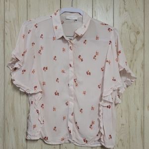 ELODIE Floral Ruffle Short Sleeve Button Down Blouse L